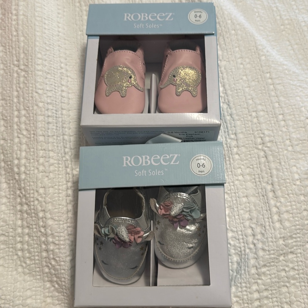 Robeez Silver Unicorn and pink elephant shoes